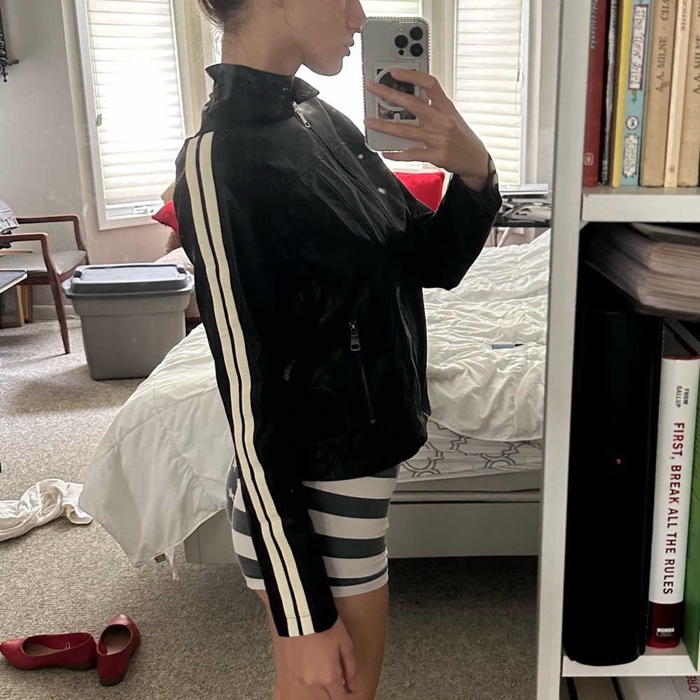 MOTEL X JACQUIE Jacquie Zip Up Biker Jacket In PU Black With White Stripe